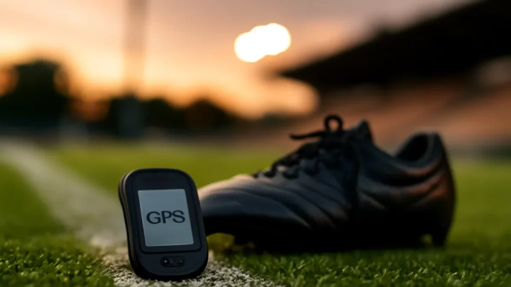 Receptor GPS y botas sobre césped, gradas y focos desenfocados.