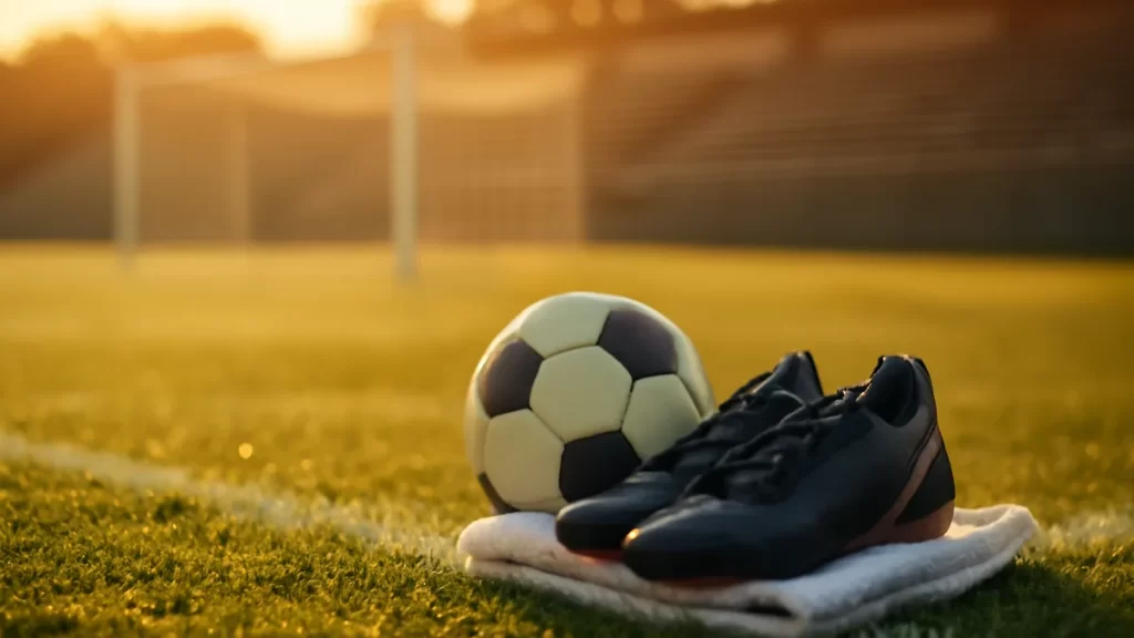 Botas sobre toalla junto a balón en césped húmedo al amanecer