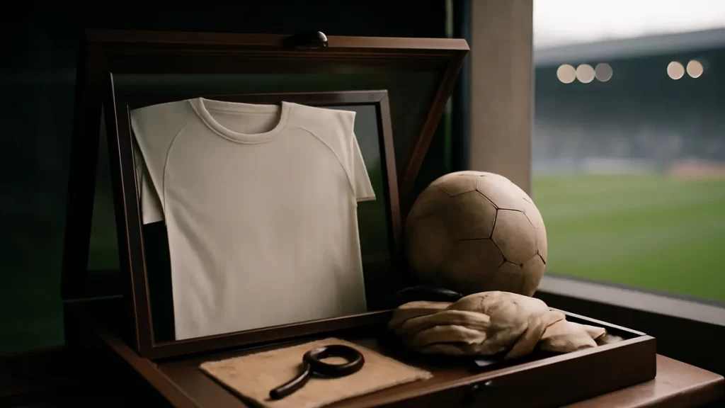 Vitrina abierta con camiseta enmarcada, balón, lupa y guantes.