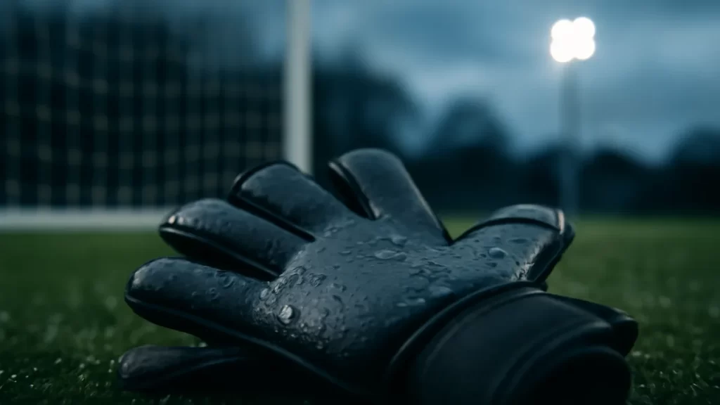 Guantes sin logo sobre césped artificial húmedo, gotas y luz fría