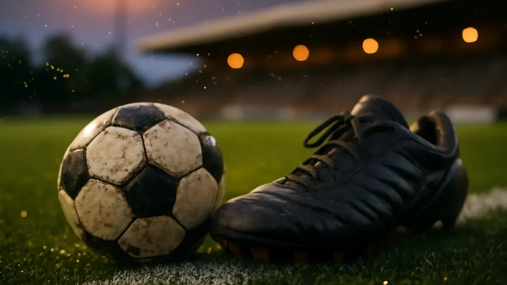 Botas gastadas y balón en la banda, gradas vacías al atardecer