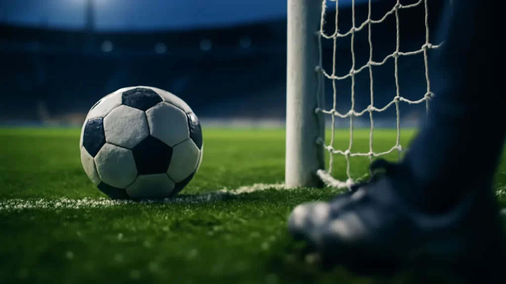 Balón junto a la red en césped mojado, gradas vacías al fondo