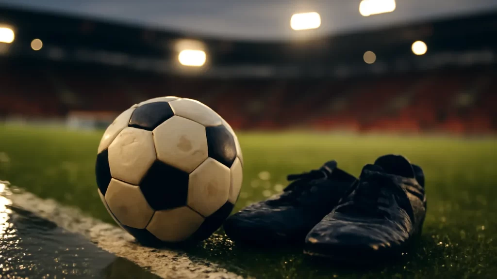 Pelota y botas mojadas en la banda, gradas vacías al atardecer.