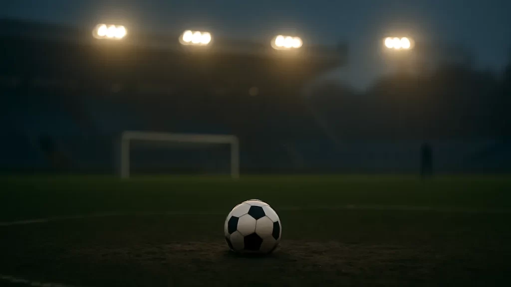 Match ball on worn pitch at dusk with blurred goal and silhouette