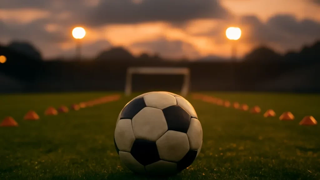 Balón en césped húmedo con conos formando dos direcciones hacia la portería