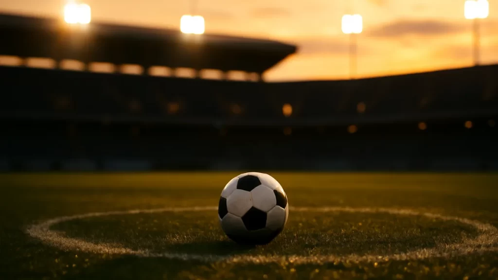 Balón sobre el césped húmedo bajo focos, gradas vacías desenfocadas