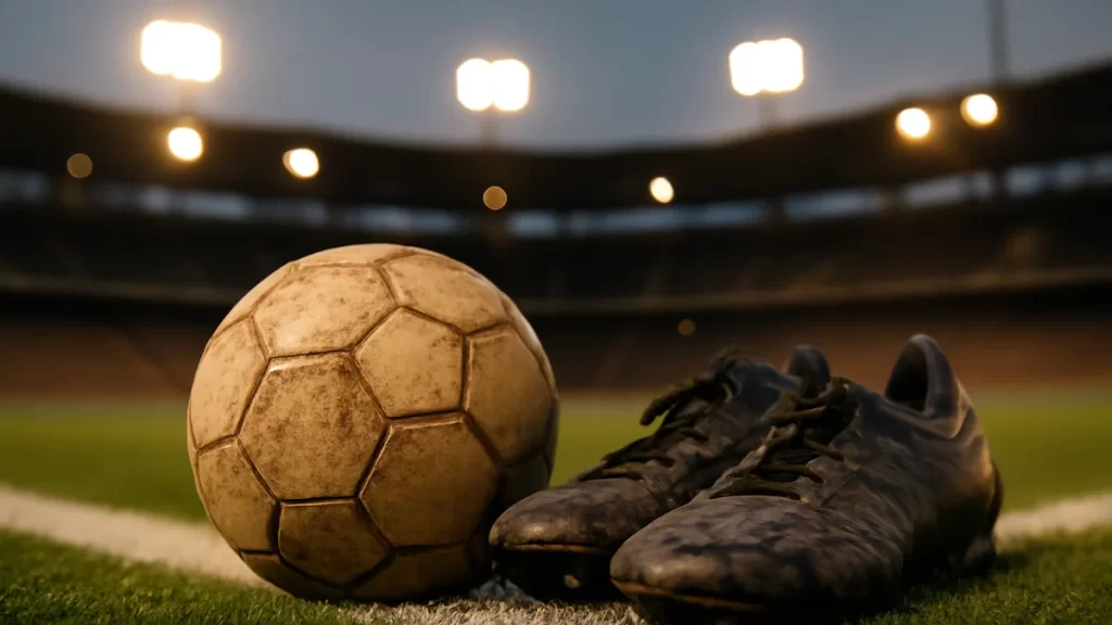 Balón gastado y botas junto a la banda bajo focos del estadio.