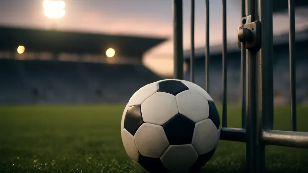 Pelota en césped junto a barrera cerrada, gradas vacías al atardecer
