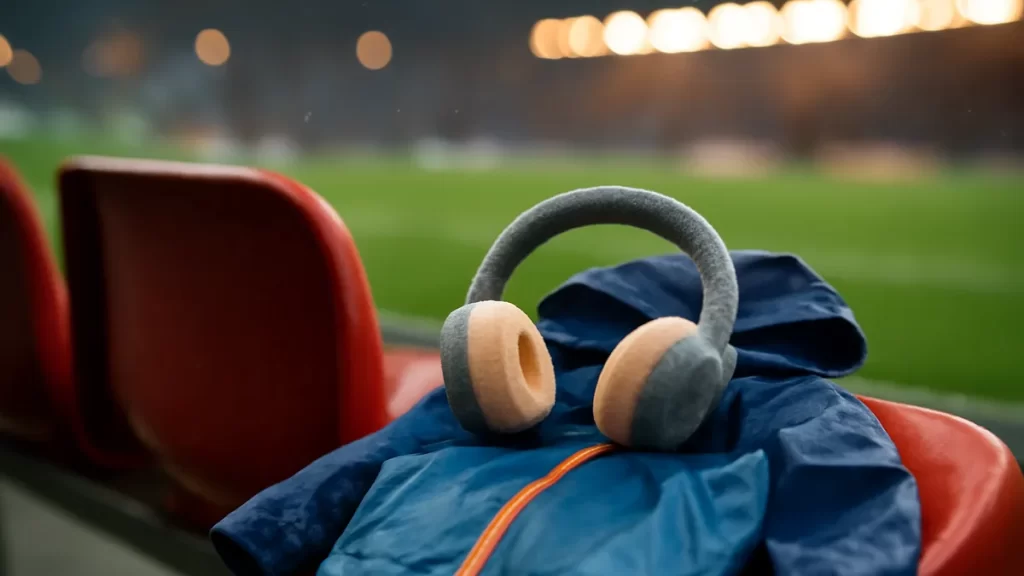 Orejeras infantiles y chaqueta sobre butacas vacías bajo luces del estadio