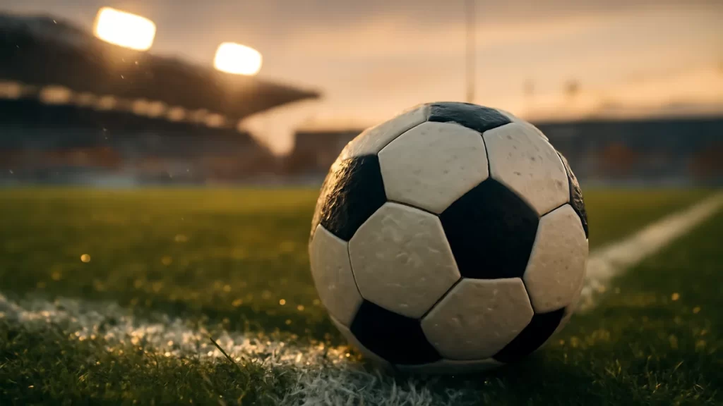 Balón húmedo sobre la línea del campo, gradas y focos difuminados.