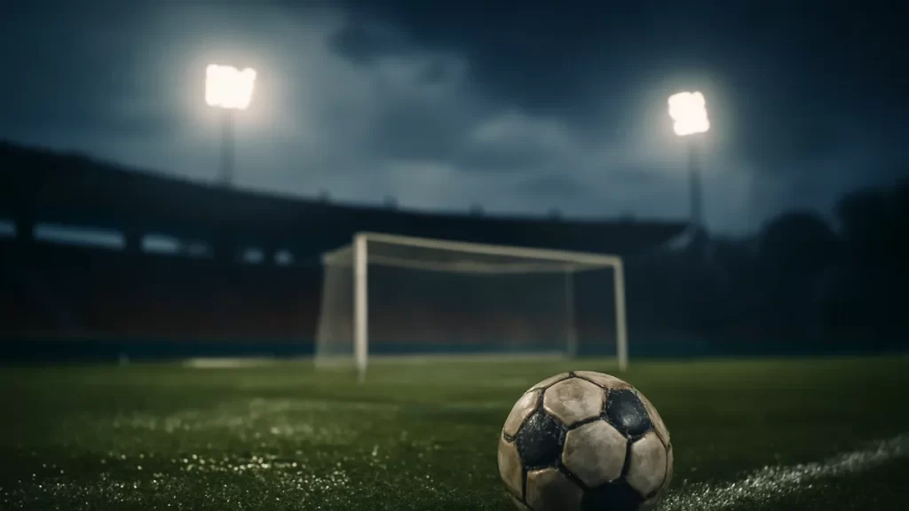 Wet football on pitch under floodlights, empty stands and goal net