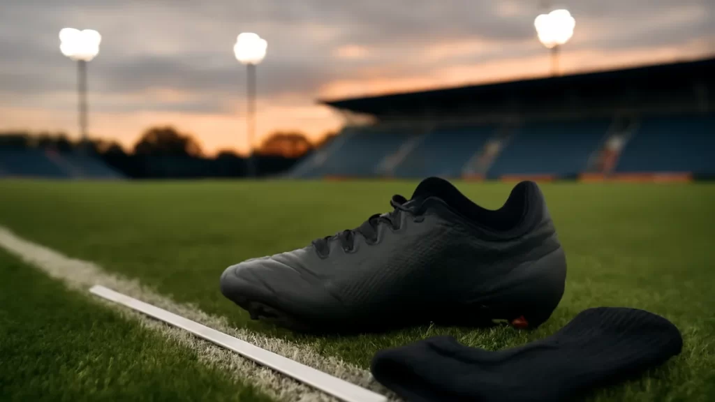 Bota de fútbol, cinta métrica y calcetín sobre césped cerca de banda
