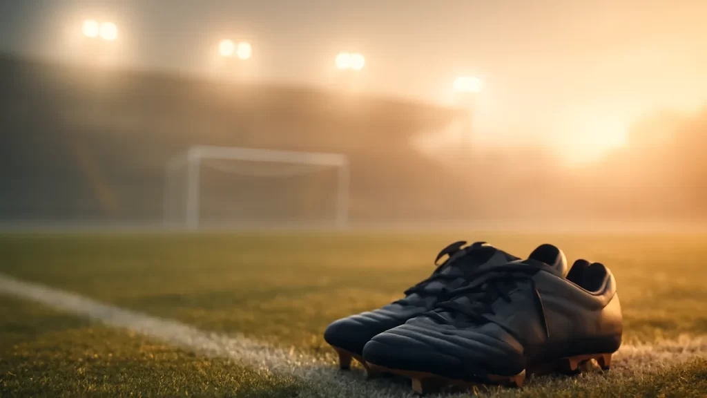 Tacos de fútbol junto a la línea, portería desenfocada y gradas vacías.