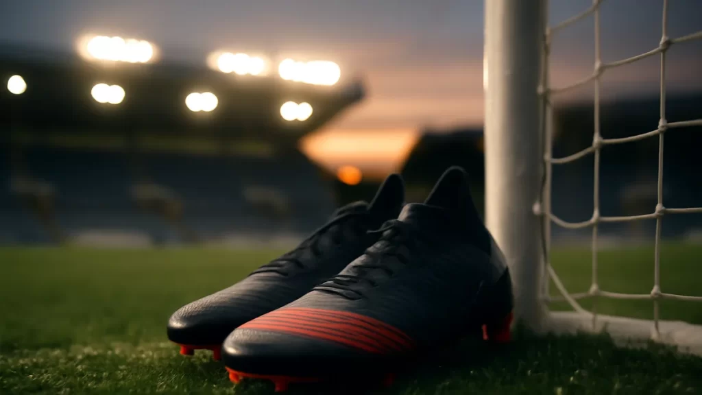 Botas sobre césped húmedo junto a portería, luces del estadio al atardecer