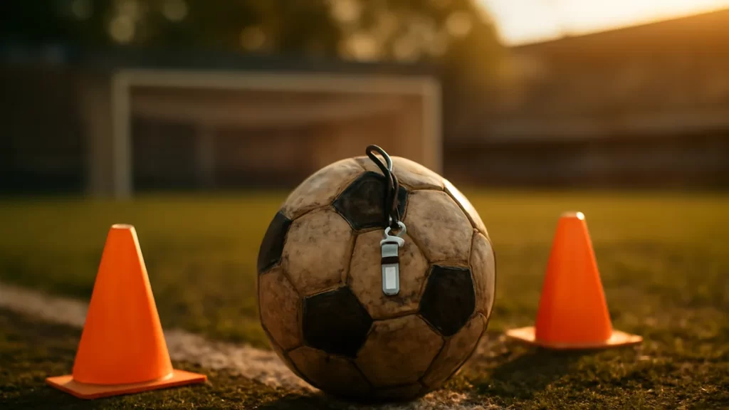 Balón gastado junto a conos, silbato y portería vacía al atardecer
