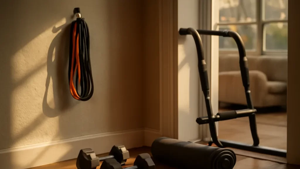 Bandas elásticas, mancuernas y colchoneta en un rincón de entrenamiento