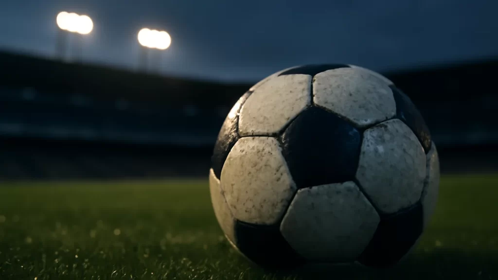 Balón mojado en césped, gradas vacías y focos brillando al anochecer