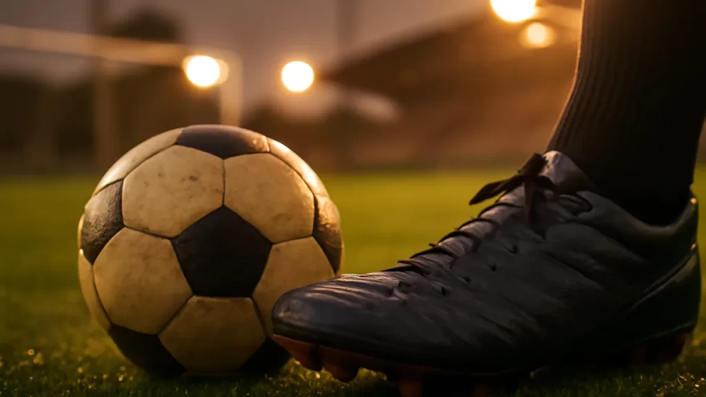 Bota de fútbol junto a un balón sobre césped mojado al atardecer