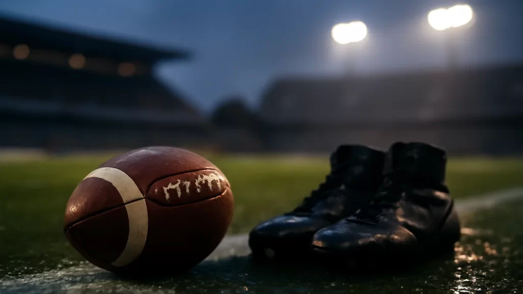 Wet pitch at dusk with lone football and abandoned boots.