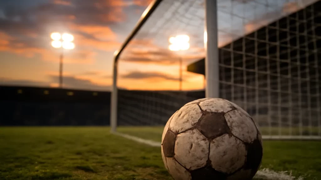 Balón junto a la línea de gol, portería y gradas vacías al atardecer