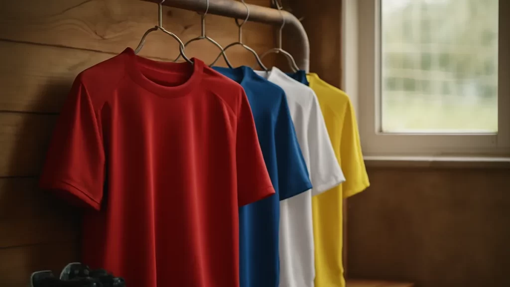 Camisetas colgadas en vestuario, botas en banco, red desenfocada.