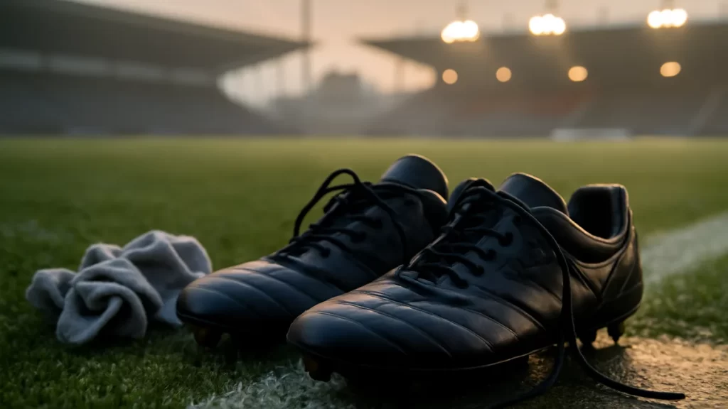 Botas de fútbol desatadas junto a calcetines sobre césped húmedo al amanecer