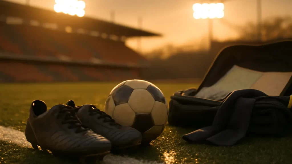 Botas y balón sobre la banda, maleta abierta y gradas vacías al atardecer.