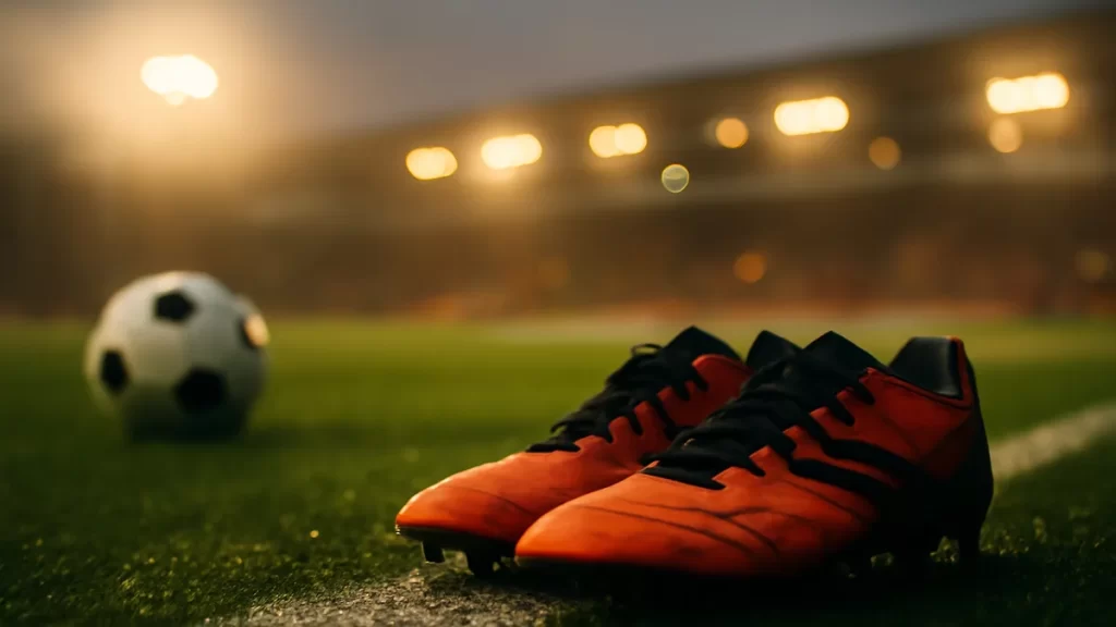 Botas y balón sobre césped húmedo bajo focos del estadio al anochecer