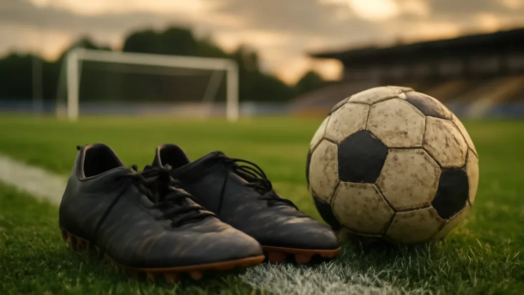 Botines y balón en la banda, portería y gradas vacías al atardecer