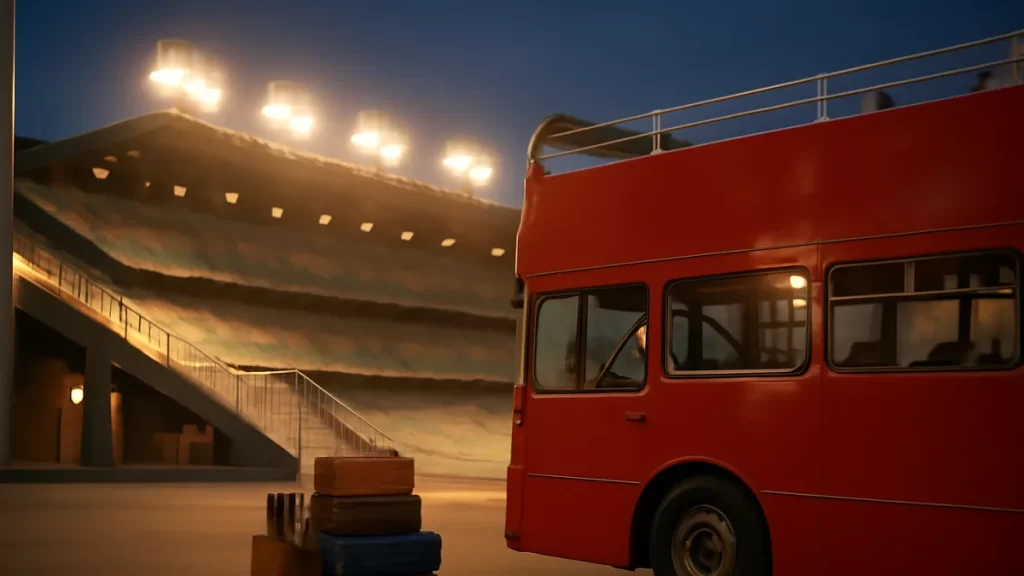 Autobús y maletas junto a estadio iluminado al anochecer.