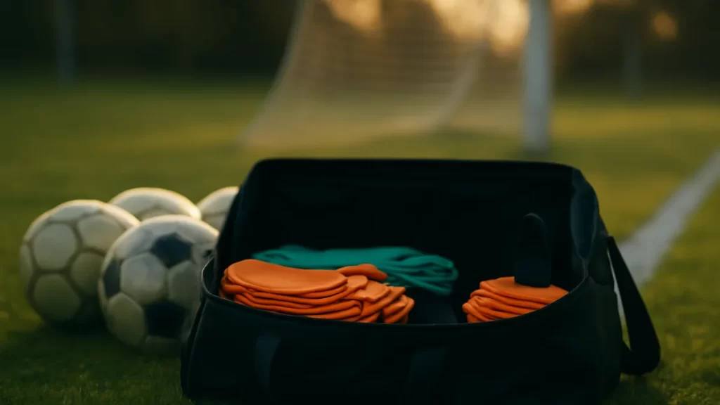 Bolso de entrenador abierto con balones, petos, conos y botiquín en campo