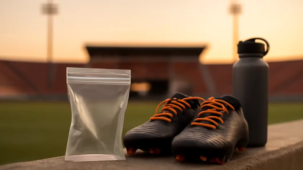 Bolsa transparente con objetos esenciales sobre pretil del estadio al atardecer