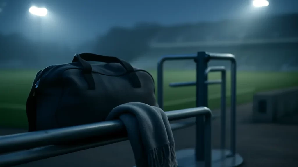 Bolso y bufanda sobre barandilla, estadio vacío y césped iluminado