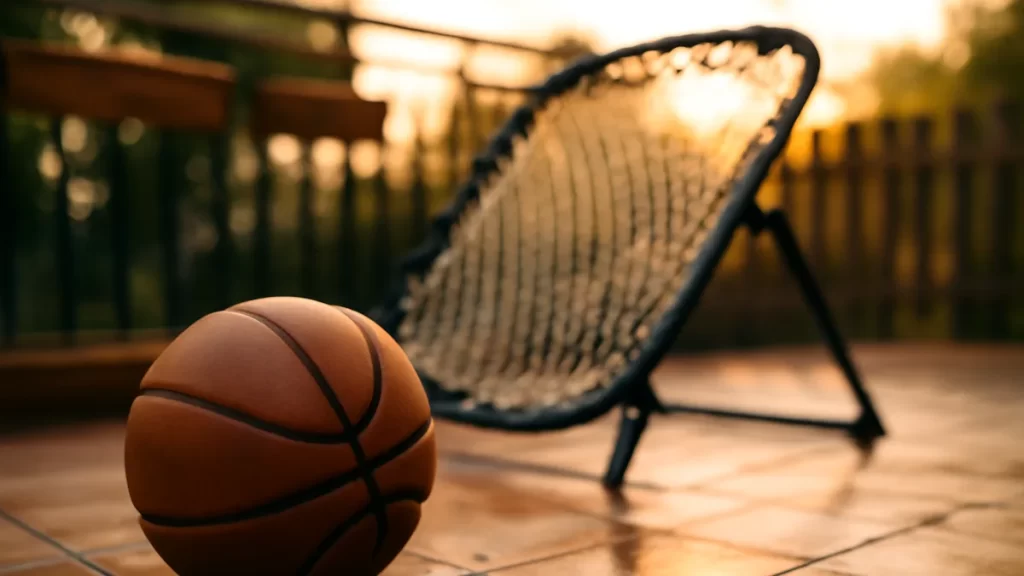 Balón en primer plano junto a red de rebote en balcón al atardecer
