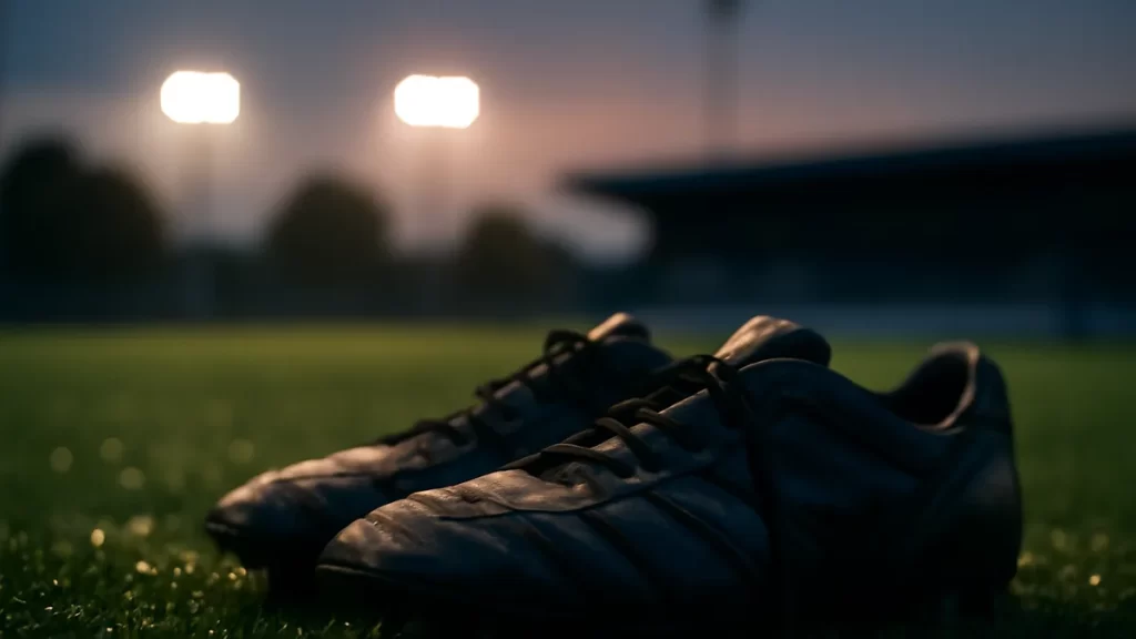 Worn football boots on damp grass with floodlit empty stadium blurred