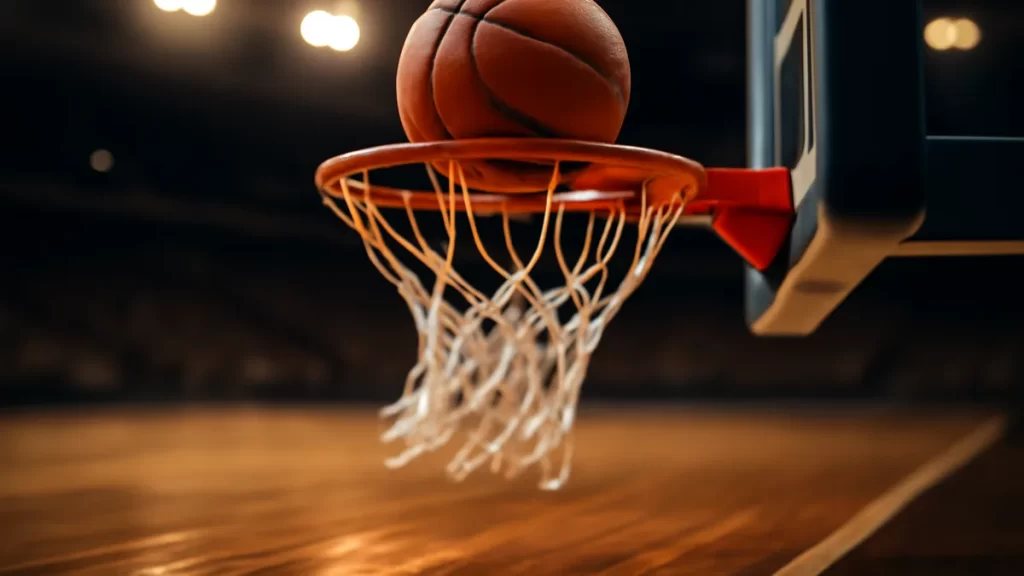Basketball stuck in rim net under warm arena floodlights.