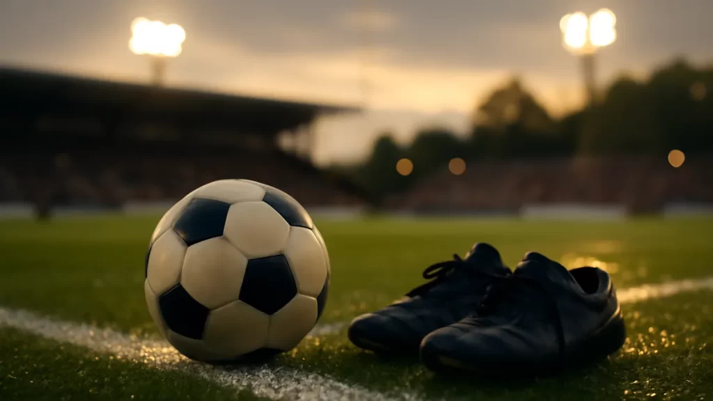 Balón y botas en línea de banda de estadio vacío al atardecer