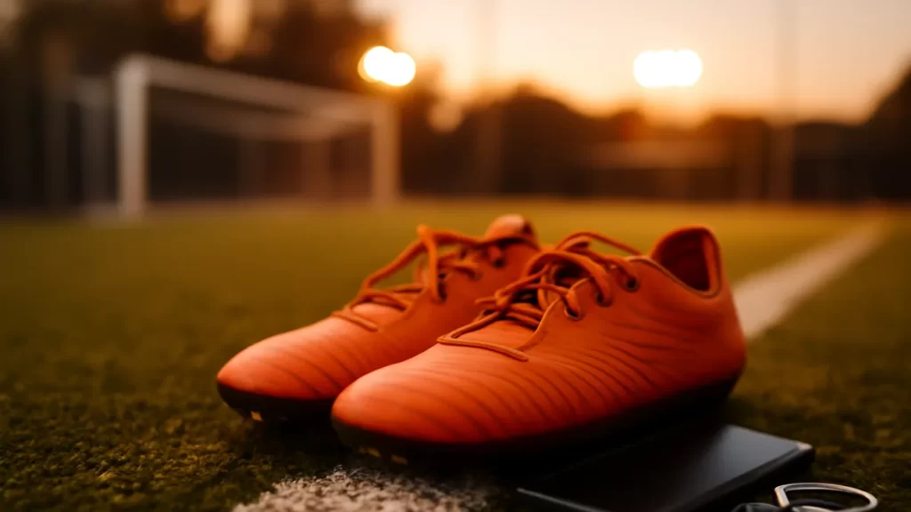 Botas sobre césped artificial junto a teléfono oscuro y red desenfocada
