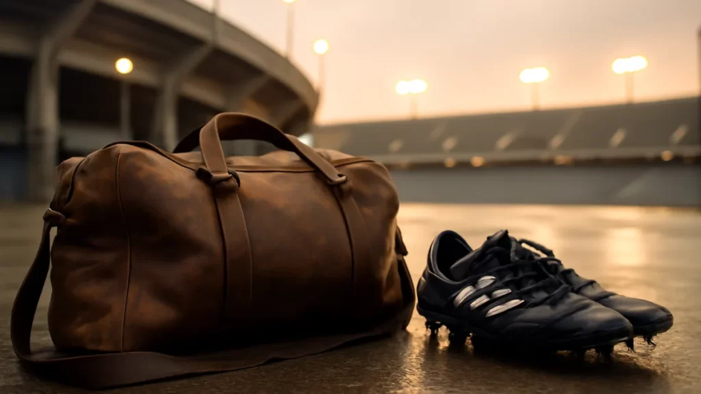 Bolsa de viaje y botas junto a un estadio vacío al atardecer