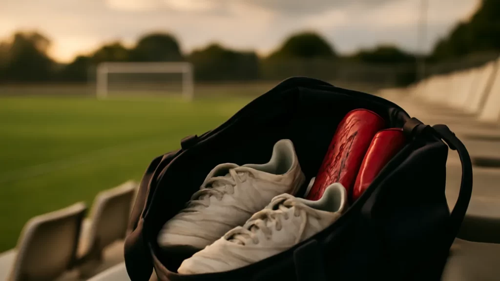 Bolso deportivo con botas en grada vacía junto a césped desenfocado