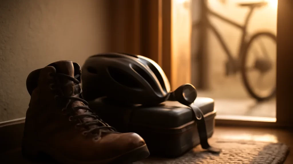 Botas, casco de ciclismo y reloj deportivo sobre caja junto a bicicleta desenfocada