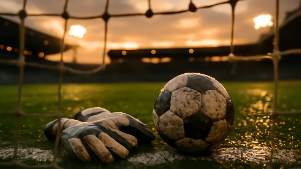 Guantes de portero junto al balón sobre la línea de gol