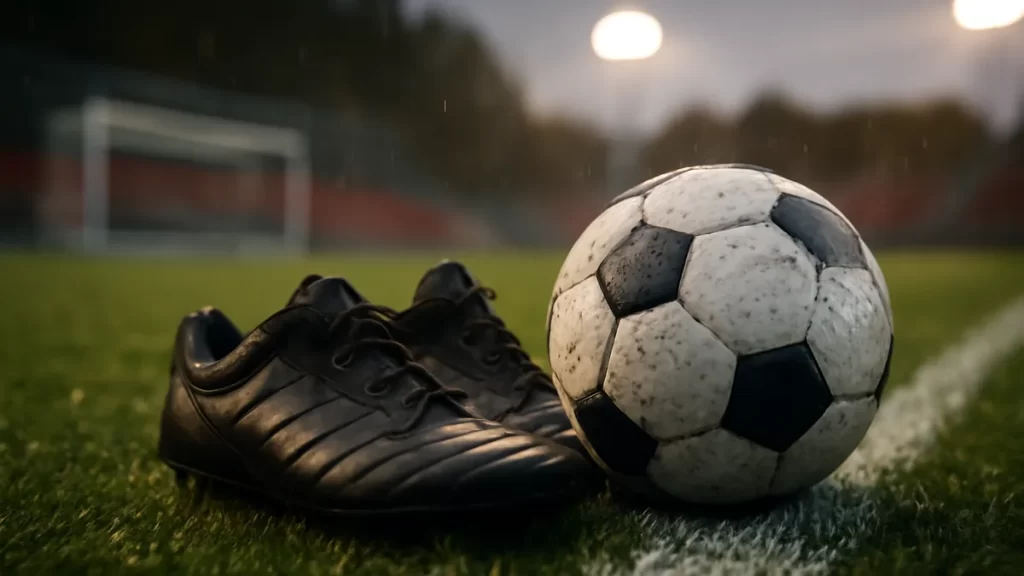 Botas junto a balón mojado en la banda, gradas y focos desenfocados.