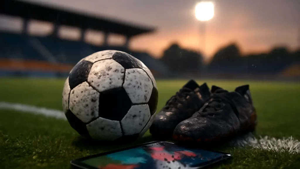Balón y botas mojadas en césped, tablet reflejando luces, gradas vacías