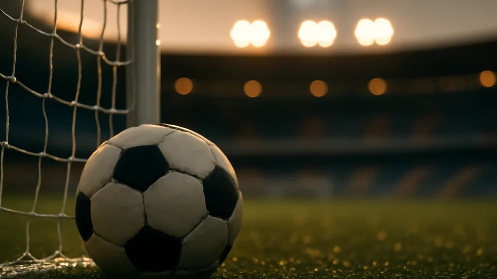 Pelota sobre césped húmedo, red cercana y gradas desenfocadas al atardecer