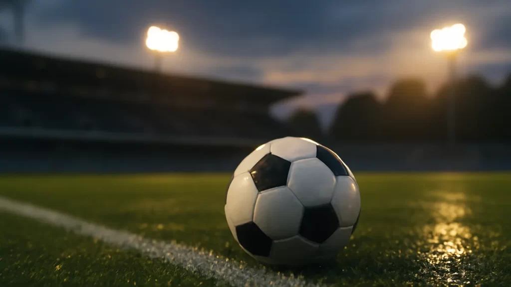 Pelota en la banda, césped húmedo, focos y gradas vacías