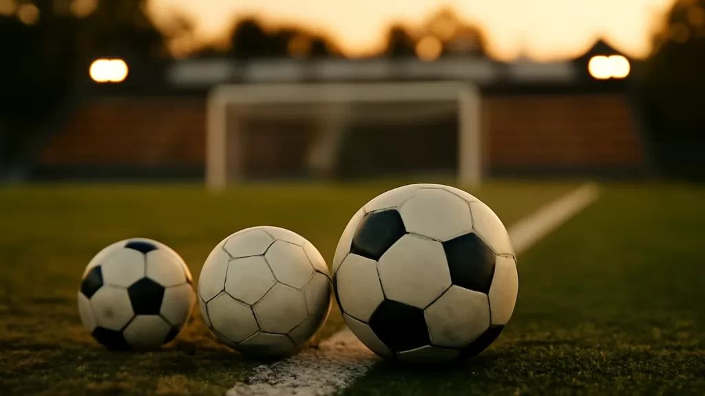 Tres balones de distinto tamaño sobre césped, línea de banda y gradas desenfocadas