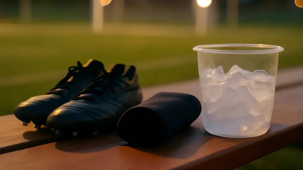 Botas, manga compresiva enrollada y cubo con hielo junto al banquillo.