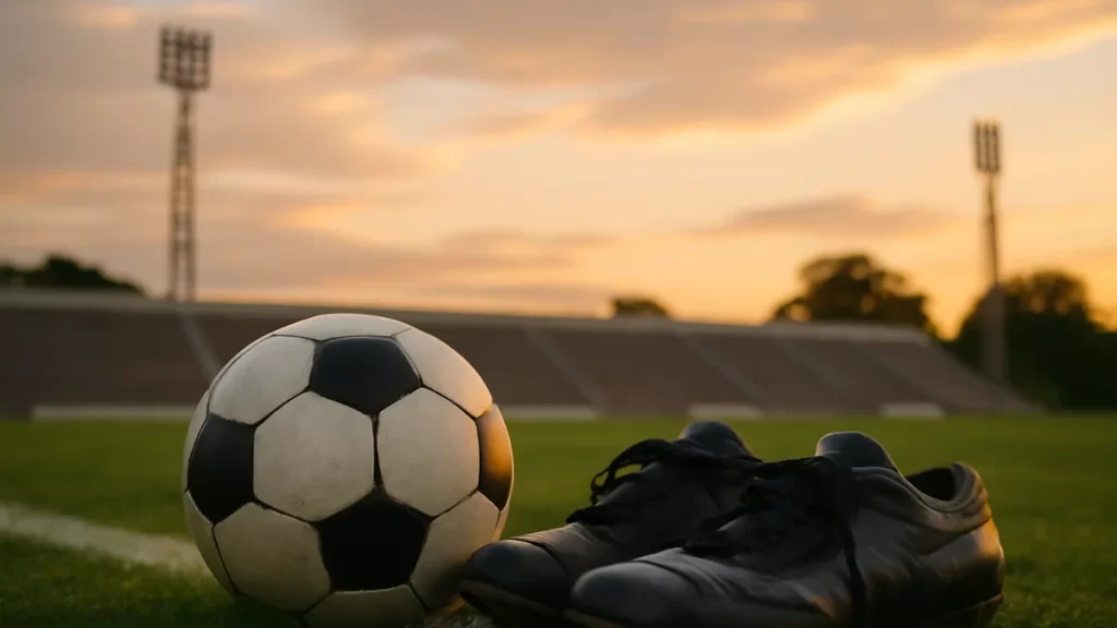 Balón y botas en césped, gradas vacías al atardecer.