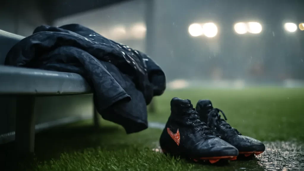 Botas mojadas y chaqueta técnica sobre banquillo bajo lluvia y luces.